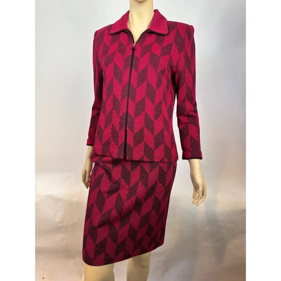 St. John Collection Cranberry/Black Chevron Wool & Rayon Skirt K716335 Size 4 - Picture 6 of 13